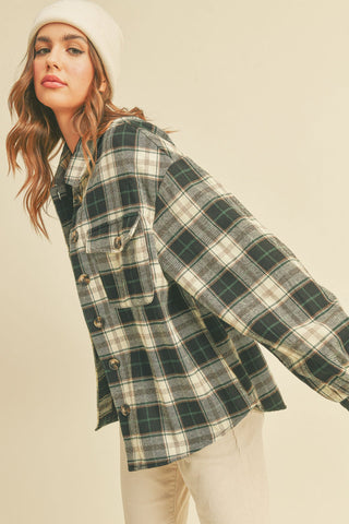 Collared Plaid Long Sleeve Jacket With Side Pockets