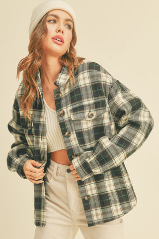 Collared Plaid Long Sleeve Jacket With Side Pockets