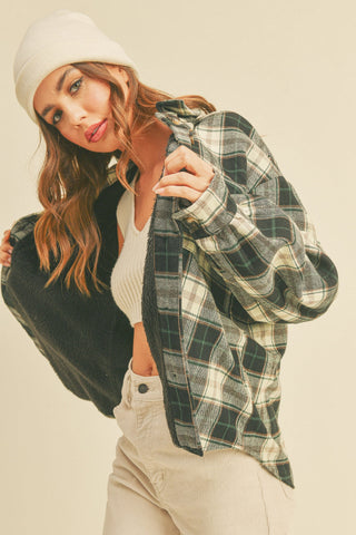 Collared Plaid Long Sleeve Jacket With Side Pockets