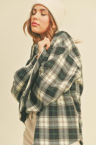 Collared Plaid Long Sleeve Jacket With Side Pockets