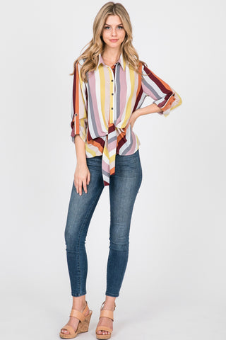 Collared Crop Front Tie Three Quarters Sleeve