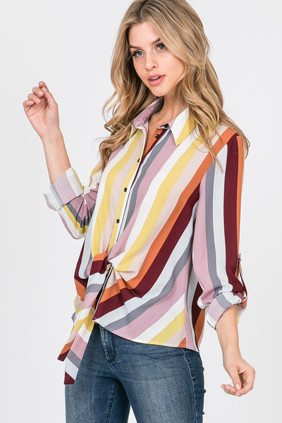 Collared Crop Front Tie Three Quarters Sleeve