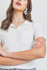 Collar Neck With Pocket Short Sleeve Crop Top