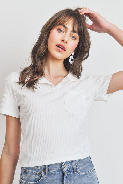 Collar Neck With Pocket Short Sleeve Crop Top