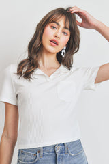 Collar Neck With Pocket Short Sleeve Crop Top