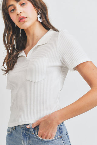 Collar Neck With Pocket Short Sleeve Crop Top