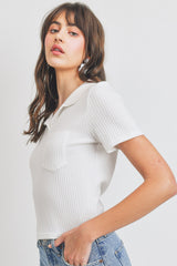 Collar Neck With Pocket Short Sleeve Crop Top