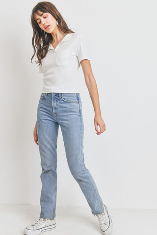 Collar Neck With Pocket Short Sleeve Crop Top
