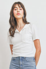 Collar Neck With Pocket Short Sleeve Crop Top