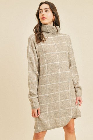 Turtle Neck Long Sleeve Plaid Dress