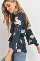 Satin Floral Wrap Blouse