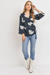 Satin Floral Wrap Blouse