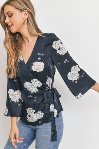 Satin Floral Wrap Blouse