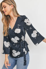 Satin Floral Wrap Blouse