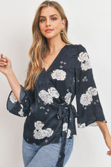 Satin Floral Wrap Blouse