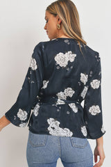 Satin Floral Wrap Blouse