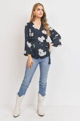 Satin Floral Wrap Blouse